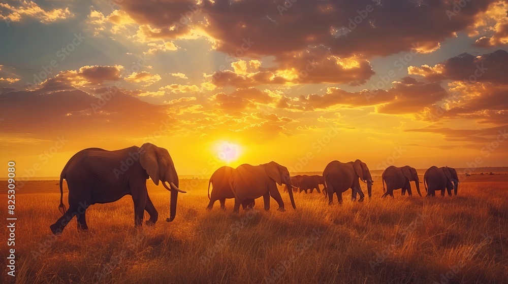 Obraz premium herd of elephants walking across dry grass field at sunset african wildlife landscape