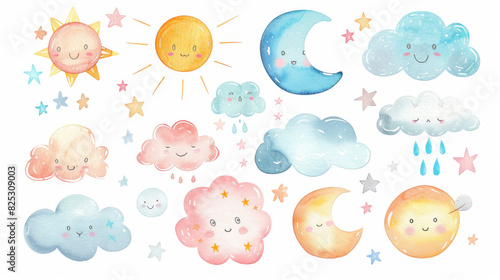 Set of cute watercolor clouds and suns with a smiling moon, weather concept