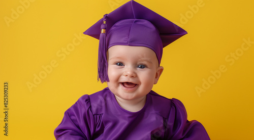 A cute baby wearing a purple graduation gown and cap against a yellow background in a studio photography setting, with a happy expression and professional studio lighting, soft shadows and clean sharp