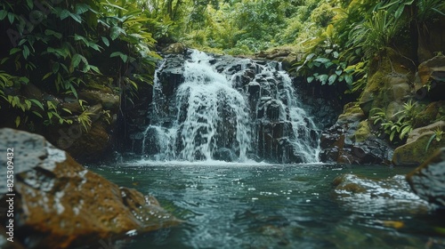 Waterfall hike  scenic trail with cascading waterfalls  adventurous and refreshing  natural light