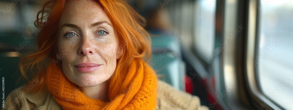 Obraz premium red hair woman on public transport. authenticity and uniqueness concept. banner
