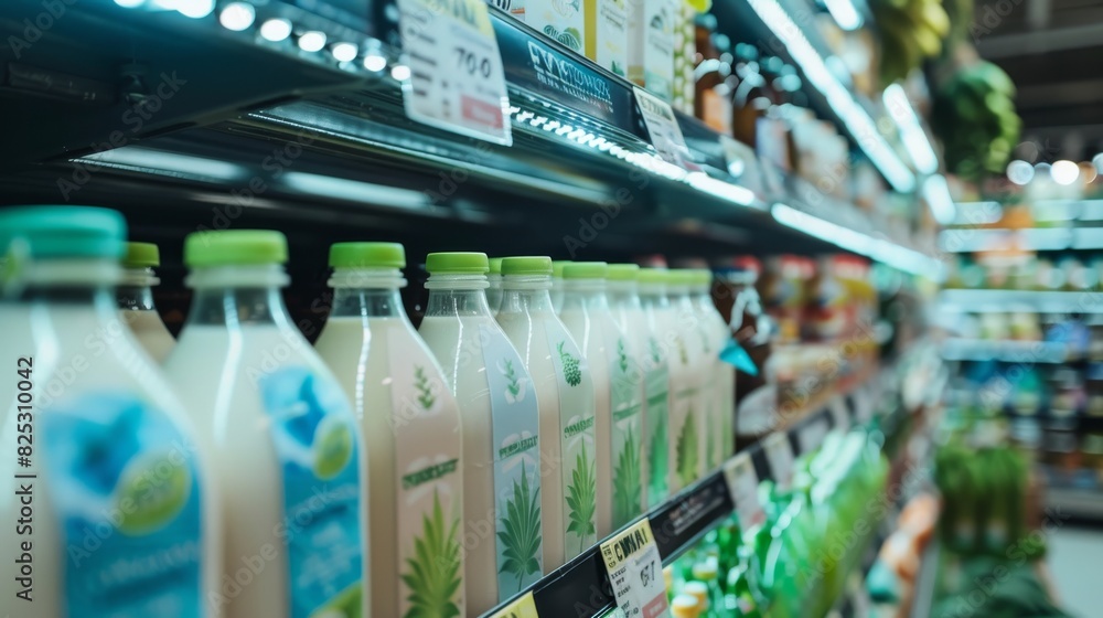 Milk bottles on a supermarket shelf for a healthy and eco-friendly lifestyle
