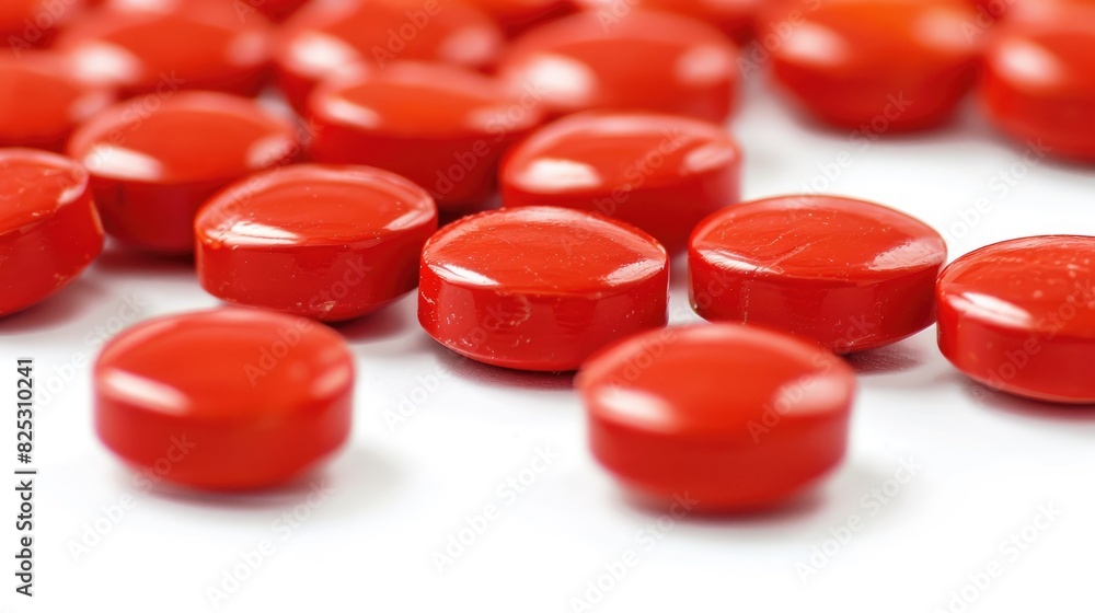 Red tablets in close up on a white background Red tablets in close up on a white background