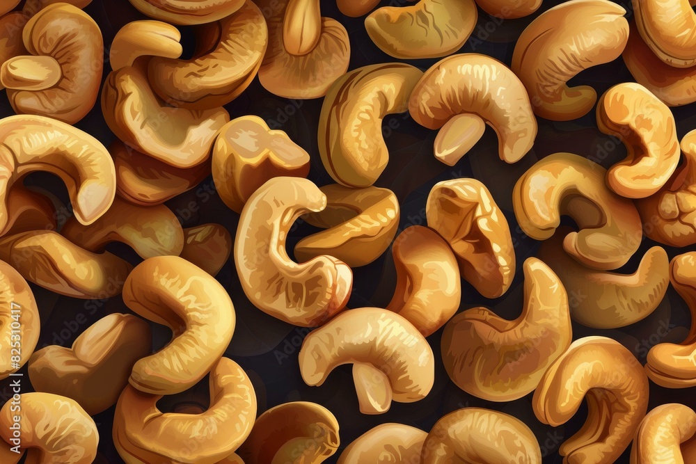 Highquality illustration of a repeating pattern of roasted cashew nuts ideal for foodrelated designs