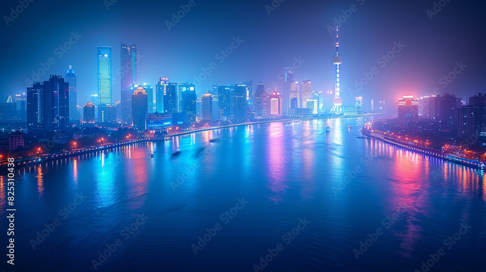 Fototapeta premium Oriental Pearl, Bund, Shanghai, Cyberpunk, information flow, technological lines, night, overlooking Angle, vista,generative ai