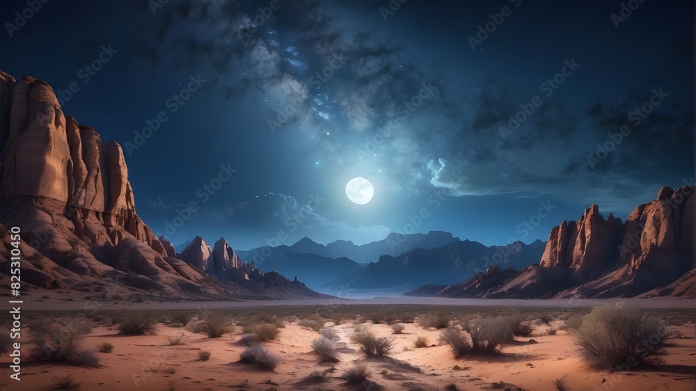 night sky and moon over desert landscape