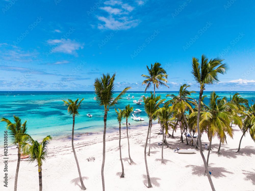 Aerial view of palm trees on the white sand beach and turquoise water of the Caribbean Sea. Many excursion yachts and fishing boats anchored near the all inclusive resorts in Punta Cana 