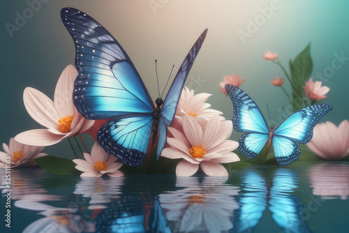 Dreamlike of a fluttering butterfly and flowers reflected in a still body of water.