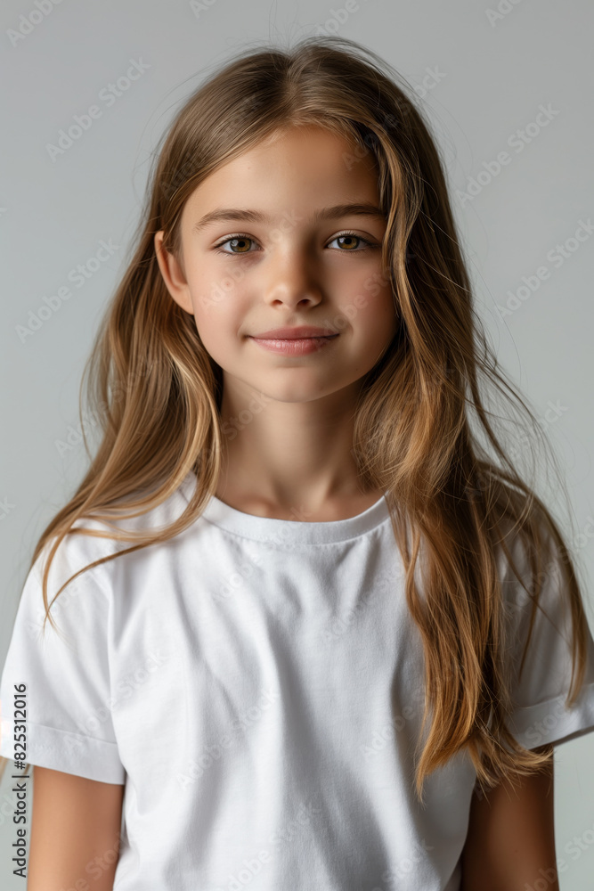Portrait of a beautiful smiling little girl with long brown hair wearing a white t-shirt on a gray background. Portrait of a beautiful smiling little girl with long brown hair wearing a white t-shirt on a gray background.