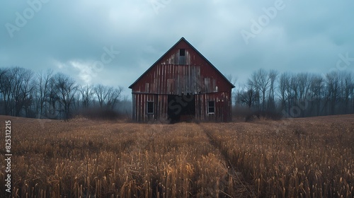 Rustic old barn surrounded by grassland and forest landscape.