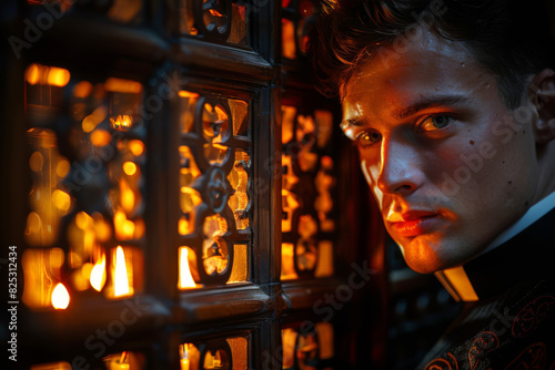 Christian priest inside a traditional church confessional booth, with warm candlelight casting a serene glow photo