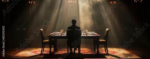 A lone figure sitting at a decorated dinner table, with a spotlight highlighting the empty chairs around, Dramatic, High contrast, Photography