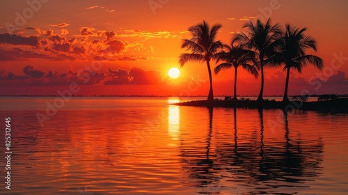 tropical sunset  as the sun sinks below the horizon  palm tree silhouettes contrast against the orange sky  marking another perfect day in paradise