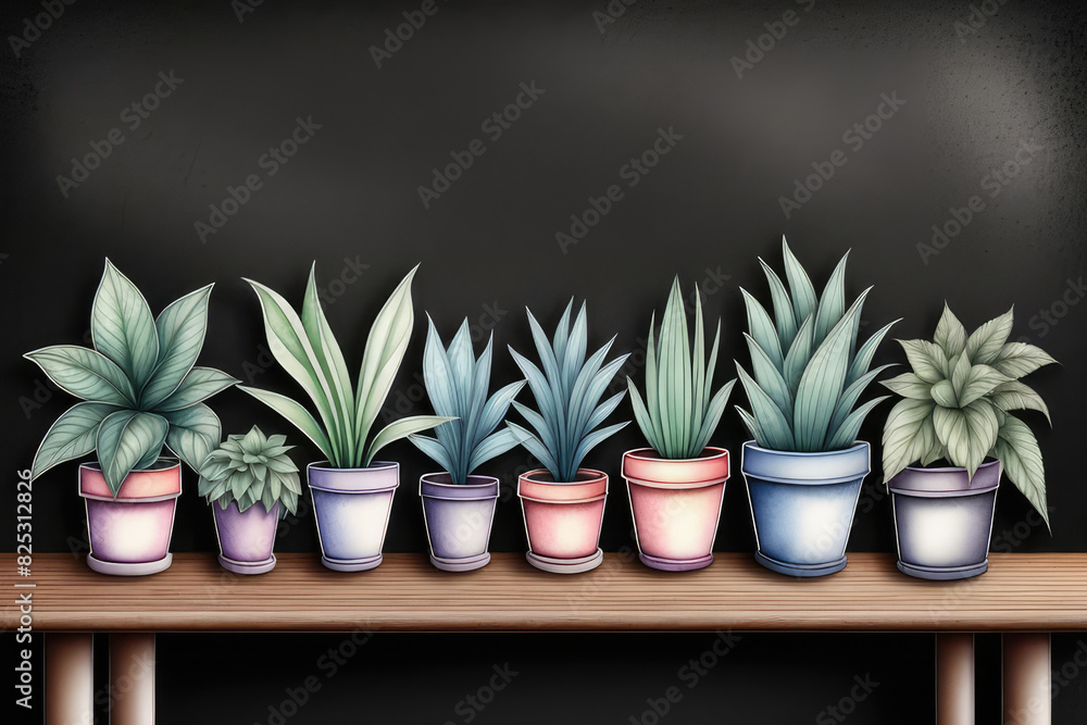 A row of houseplants in flowerpots on a wooden table in front of a blackboard. A row of houseplants in flowerpots on a wooden table in front of a blackboard.