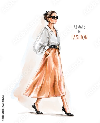 Watercolor beautiful fashion woman in sunglasses. Stylish girl in skirt. Fashion look. Fashion illustration 