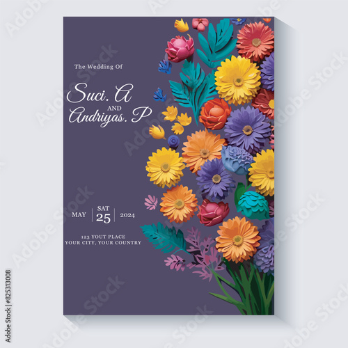 Watercolor wedding invitation floral and leaves card template