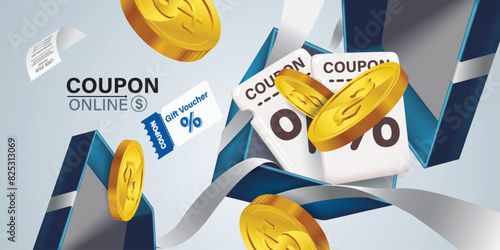 Coupons and Gift Vouchers Illustration.engaging illustration showcasing online coupons and gift vouchers, symbolizing discounts,special offers, and digital savings in e-commerce and digital marketing.