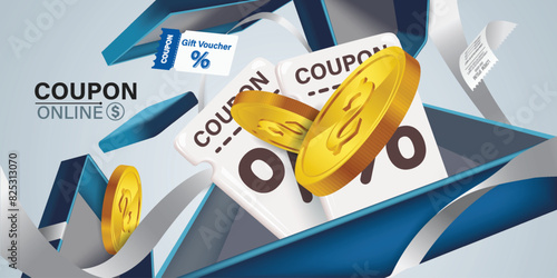 Coupons and Gift Vouchers Illustration.engaging illustration showcasing online coupons and gift vouchers, symbolizing discounts,special offers, and digital savings in e-commerce and digital marketing.