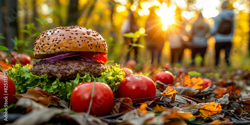 Hamburger with fresh vegetables in the autumn forest. Selective focus, ground level shot.