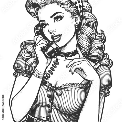 retro-style pin-up girl elegantly talking on a classic rotary dial telephone sketch engraving generative ai fictional character vector illustration. Scratch board imitation. Black and white image.