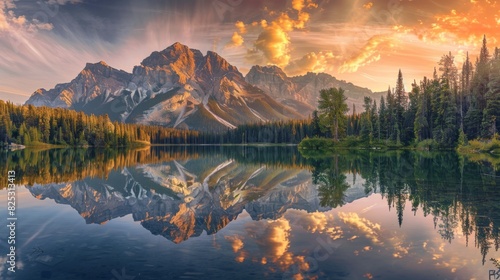 Mountain reflection in a calm lake during sunrise