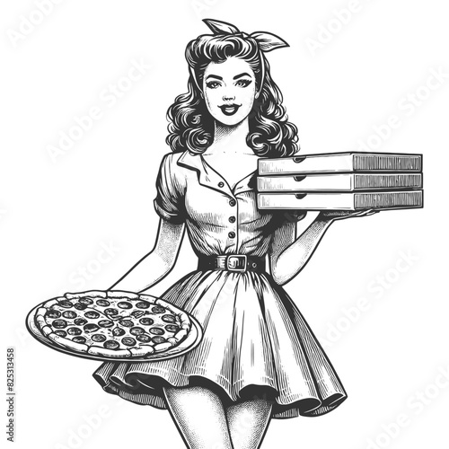 pin-up girl, confidently delivering a stack of pizza boxes with a flirty smile sketch engraving generative ai fictional character vector illustration. Scratch board imitation. Black and white image.