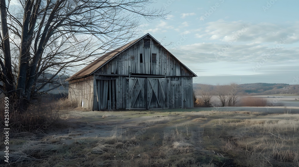 Rustic old barn surrounded by grassland and forest landscape. Rustic old barn surrounded by grassland and forest landscape.