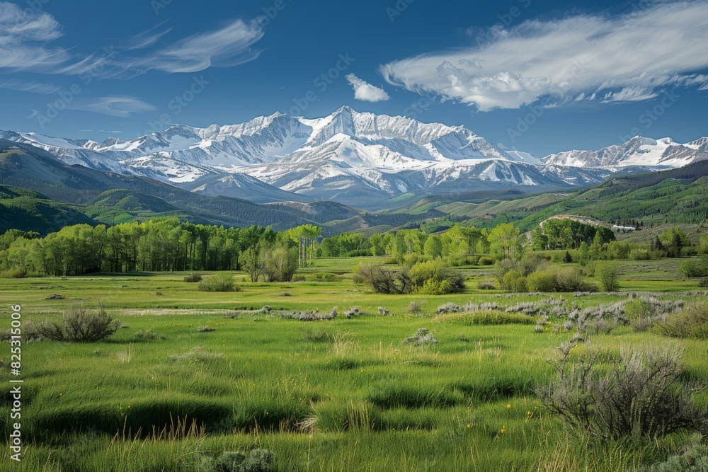 Fototapeta premium Stunning Mountain Landscape with Snow-Capped Peaks and Green Meadows