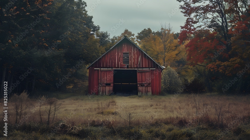 Fototapeta premium Rustic old barn surrounded by grassland and forest landscape.