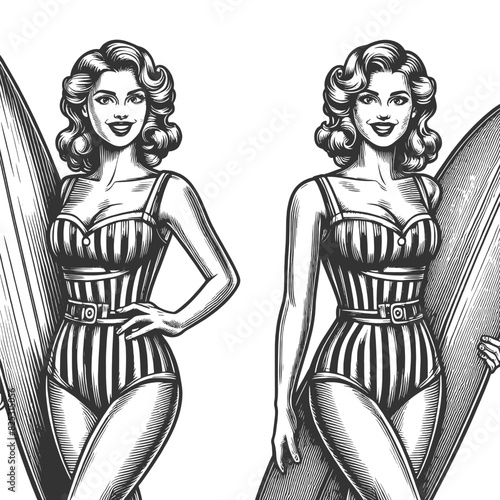 Hawaii flower pin-up girl woman with a surfboard, classic beach vibes allure of surfing culture sketch engraving generative ai fictional character vector illustration. Black and white image.