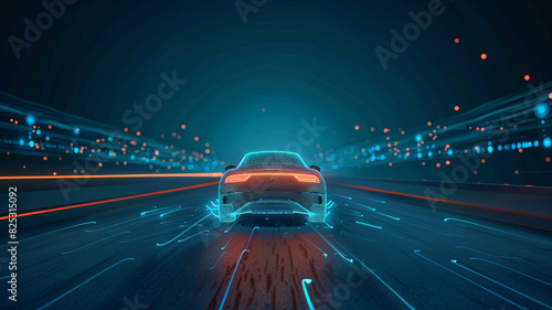 Full of technology line sense of the car in a symmetrical line technology space, through the future,generative ai photo