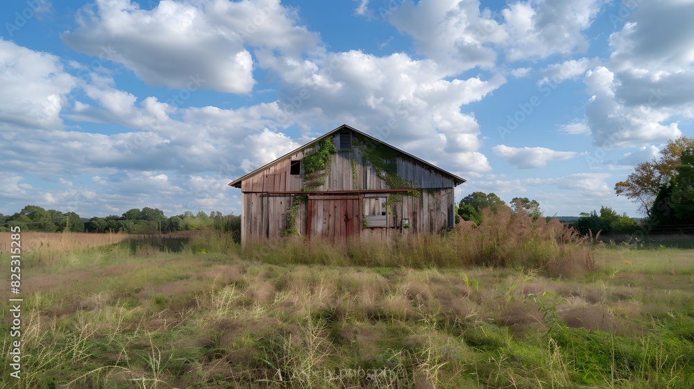 Fototapeta premium Rustic old barn surrounded by grassland and forest landscape.