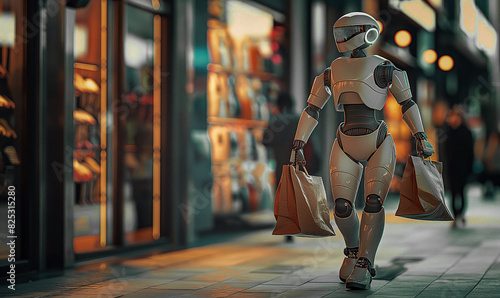 a robot walking down the sidewalk carrying shopping bags in his hands