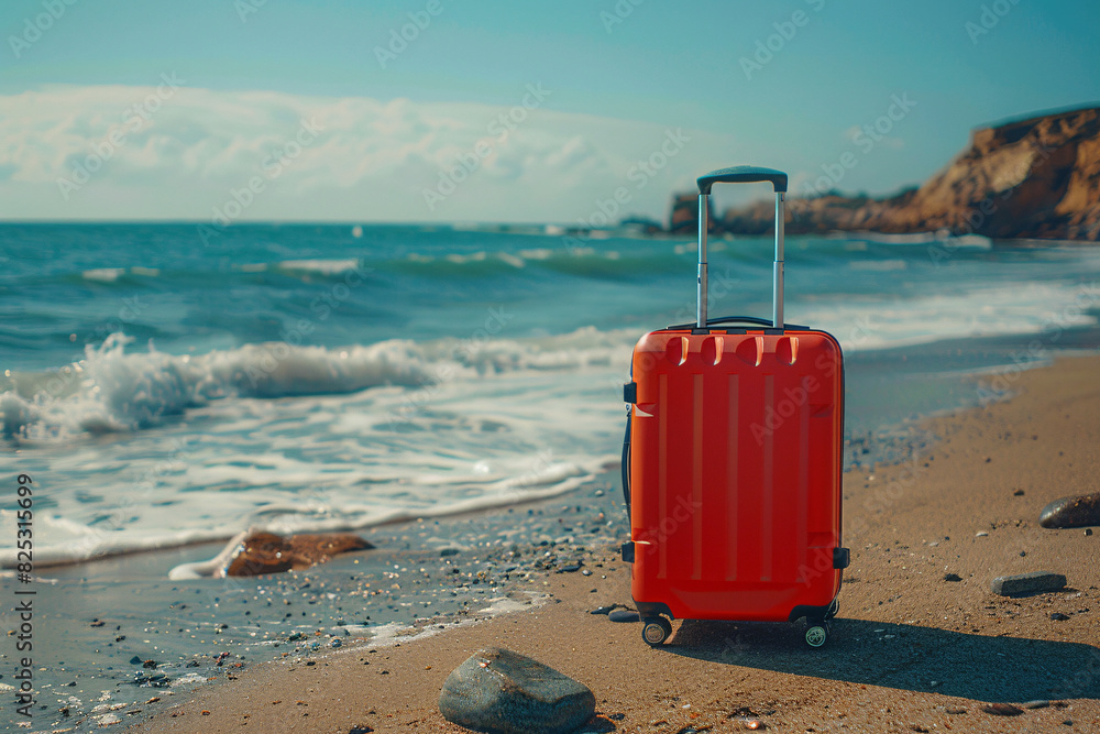 A red suitcase at the beach, vacation plans concept, copy space A red suitcase at the beach, vacation plans concept, copy space