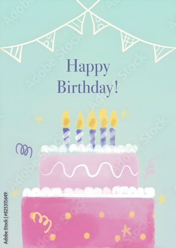 Greeting Postcard Happy Birthday Cake. Raster Illustration of Celebration Holiday Background. Watercolor Cute Anniversary Card.