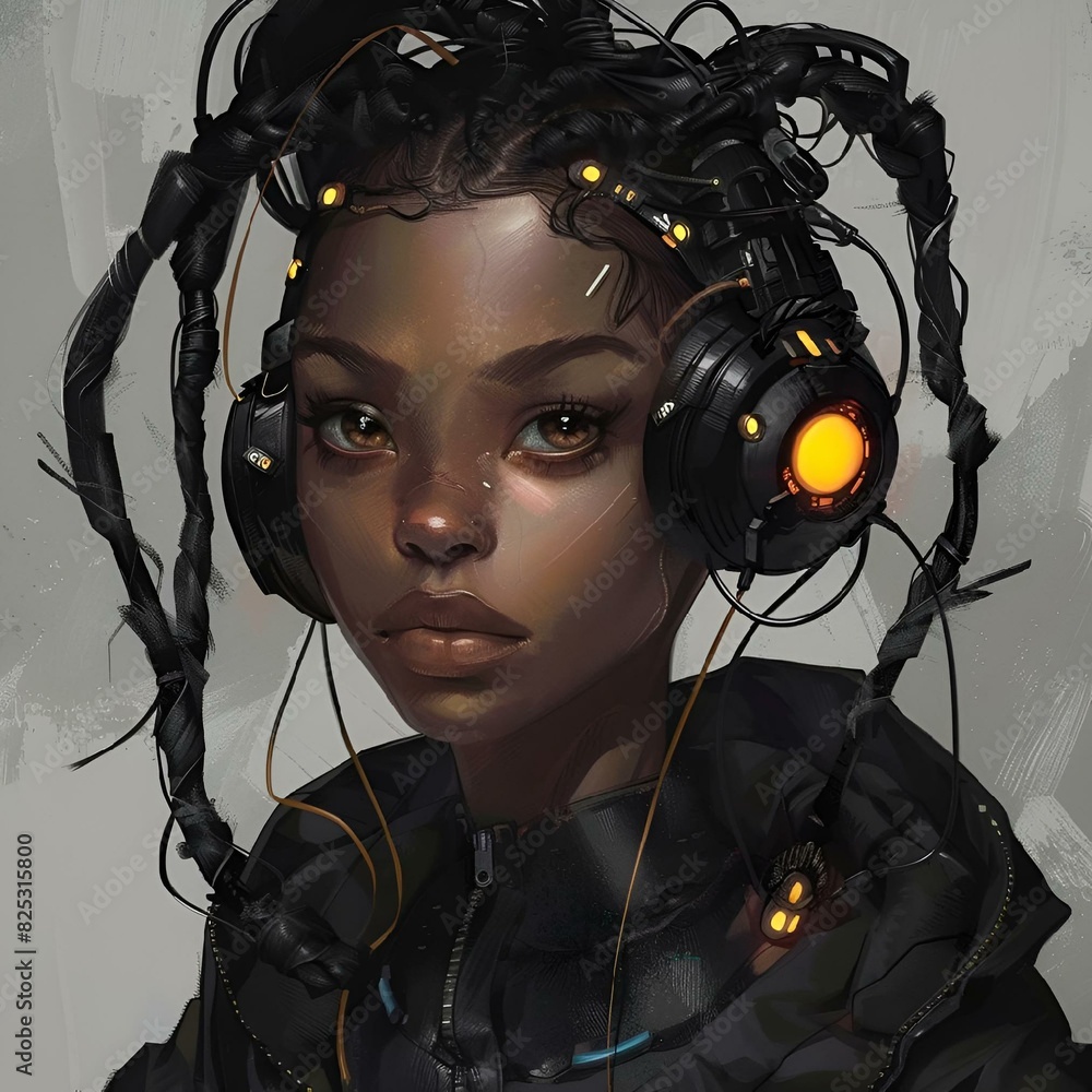 AI generated illustration of a futuristic woman in headphones and an outfit AI generated illustration of a futuristic woman in headphones and an outfit