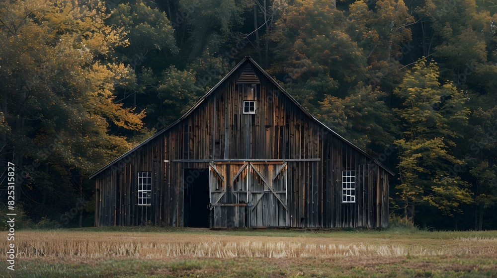 Rustic old barn surrounded by grassland and forest landscape. Rustic old barn surrounded by grassland and forest landscape.