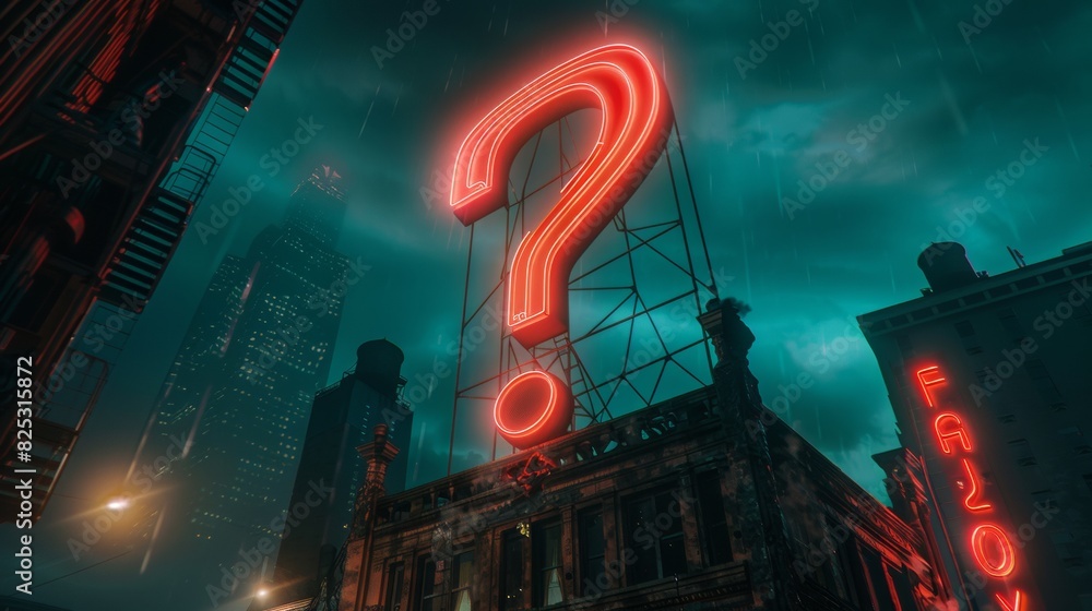 Neon question mark in a cyberpunk city for future or technology themed designs
