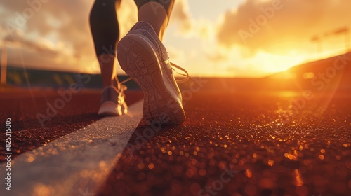 Fototapeta Naklejka Na Ścianę i Meble -  The detailed shot of an athletic runner's shoe in mid-stride on a stadium track, with the warm glow of the sunset creating a dramatic atmosphere of training and dedication