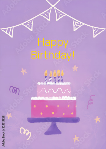 Purple Happy Birthday Cake Greeting Postcard. Raster Illustration of Celebration Holiday Background. Watercolor Cute Anniversary Card.