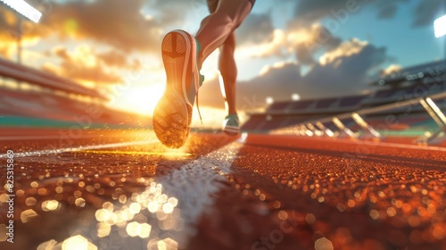 A close-up of a runner's shoe hitting the ground on a track at sunset, capturing the motion and determination in preparation for a sports competition, with the stadium lights in the background
