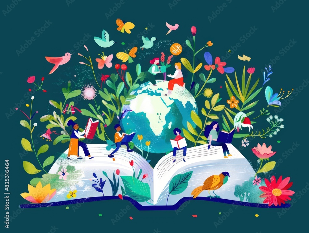 People celebrate Literacy Day by reading books on the Earth. flat vector illustration background.
