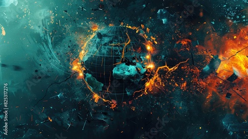 The Fractured World An Abstract Depiction of a Global Crisis Through Glowing Symbols and Fractured Maps