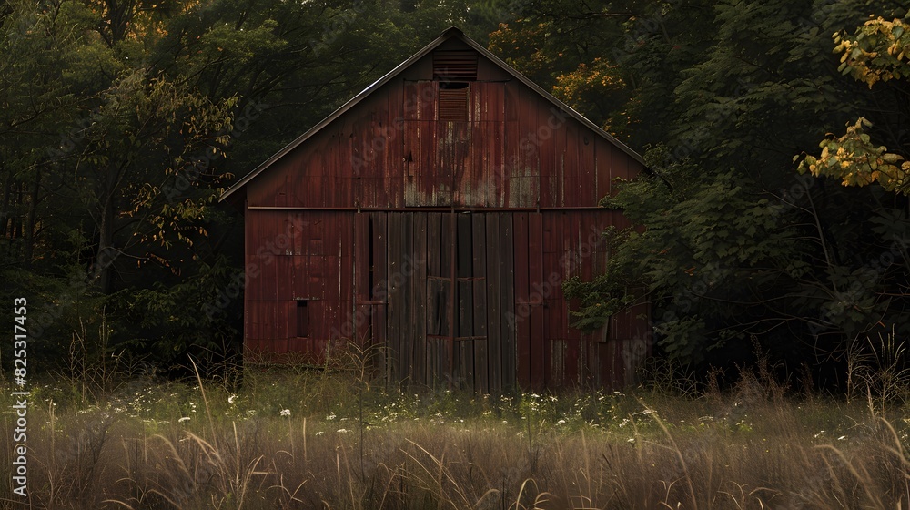 Rustic old barn surrounded by grassland and forest landscape. Rustic old barn surrounded by grassland and forest landscape.