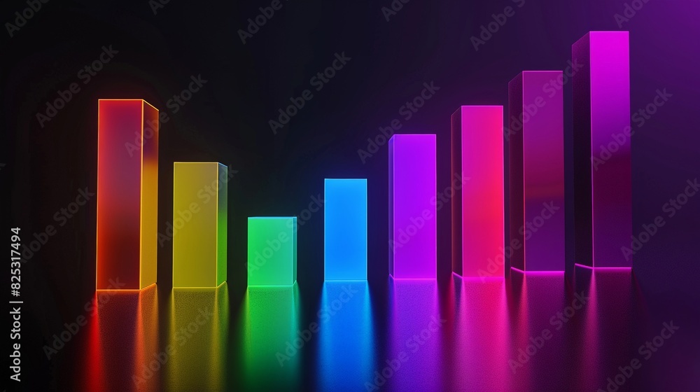 Neon 3D bar graph vibrant colors dark background high contrast text space included futuristic appeal Neon 3D bar graph vibrant colors dark background high contrast text space included futuristic appeal
