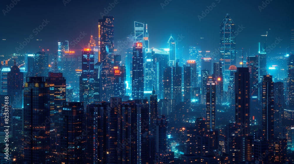 Night cityscape with glowing skyscrapers for futuristic or technology themed designs