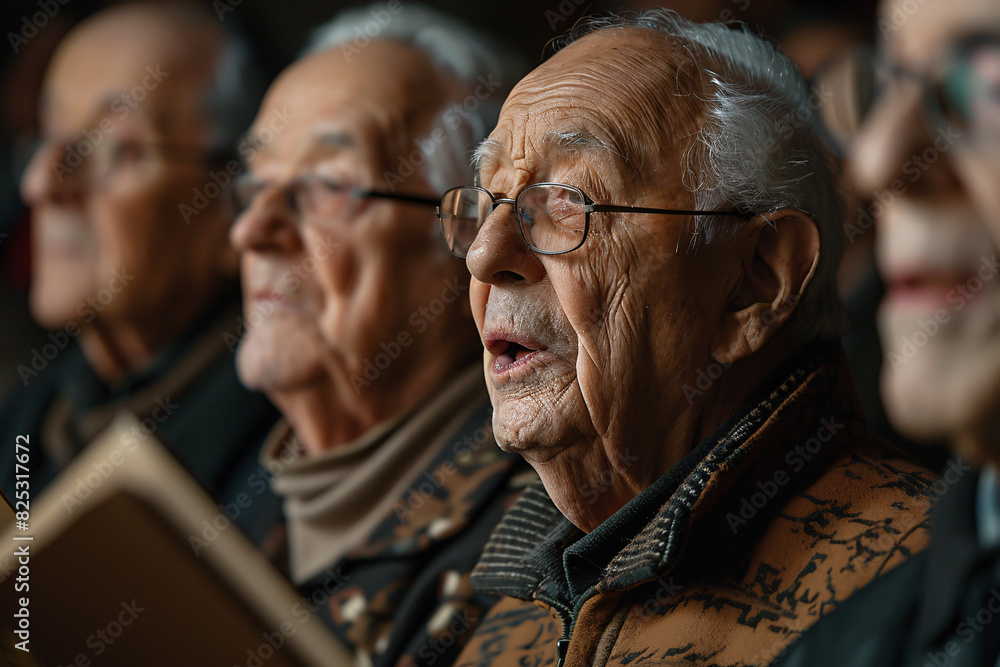A senior man singing in a choir A senior man singing in a choir