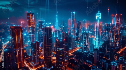 Night cityscape with glowing skyscrapers for futuristic or technology themed designs
