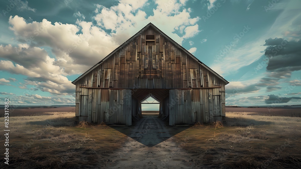 Rustic old barn surrounded by grassland and forest landscape. Rustic old barn surrounded by grassland and forest landscape.