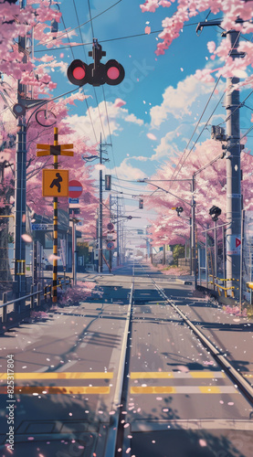 Railway and cherry blossoms, generative ai photo